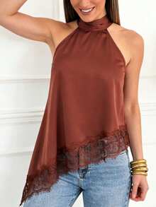 Women's Sleeveless High Collar Lace Trim Asymmetric Satin Camisole Top, Elegant For Evening Party, Spring/Summer Vacation, Special Occasions - Rust Brown - View 3