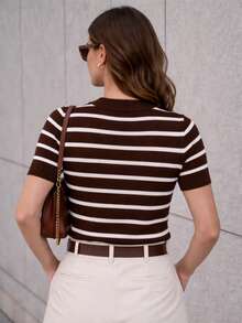 Women's Striped Modal Knit Blouse With Short Sleeves - 2026  - Versatile, Modern, Premium - Brown Striped - View 3