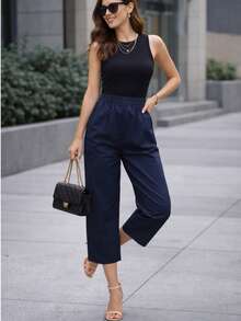Pantalón dama mujer cintura elástica delgado y fresco para verano de moda casual unicolor - Azul Marino - Ver 5