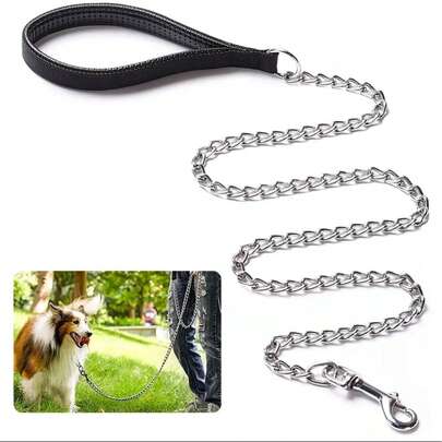 1 قطعة قيد للحيوانات الأليفة مع سلسلة حديدية سميكة، مقبض رغوي أسود ناعم، طول 1.2 متر