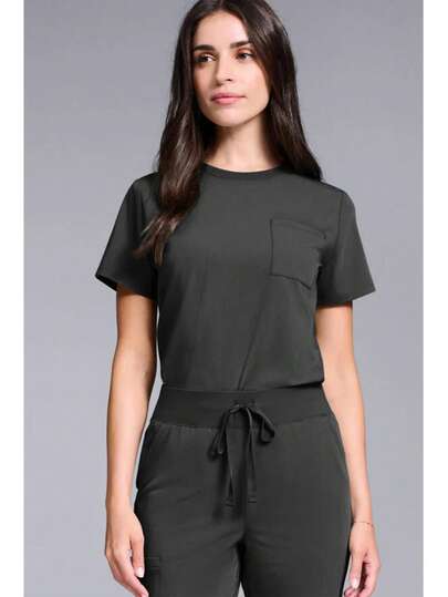 Solid Color Round Neck Multi-Pocket Short Sleeve Set, Women's Fashionable Casual Comfortable Short Sleeve Two Pieces Outfit For Work, Beauty Salon Black Spring