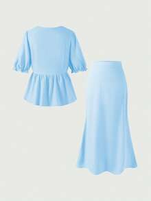 两件套亚麻休闲优雅度假及日常穿着套装，休闲连衣裙，女士休闲装，夏季度假装，优雅女士套装 - 藍色 - 查看 7