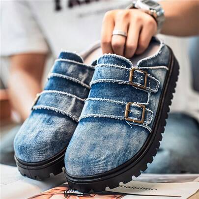 Giày Mule nam kiểu dáng mới mùa xuân, giày lười cổ điển, giày casual thoải mái, khóa điều chỉnh, giày slip-on denim bạc màu, phù hợp mọi mùa, giày đi làm.
