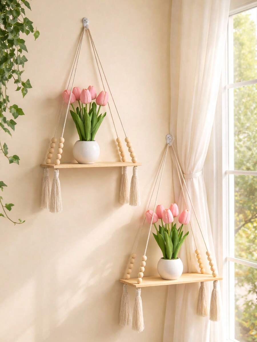 1/2 piezas Estantería colgante de macramé, estante de almacenamiento montado en la pared de cuerda de madera ligera, colgador de plantas de estilo bohemio, adecuado para sala de estar, dormitorio interior, estantería colgante de macramé multifuncional de estilo bohemio moderno, organizador colgante elegante minimalista, estantería de exhibición de decoración del hogar de moda, aplicable para baño, cocina, dormitorio o pared de la sala de estar