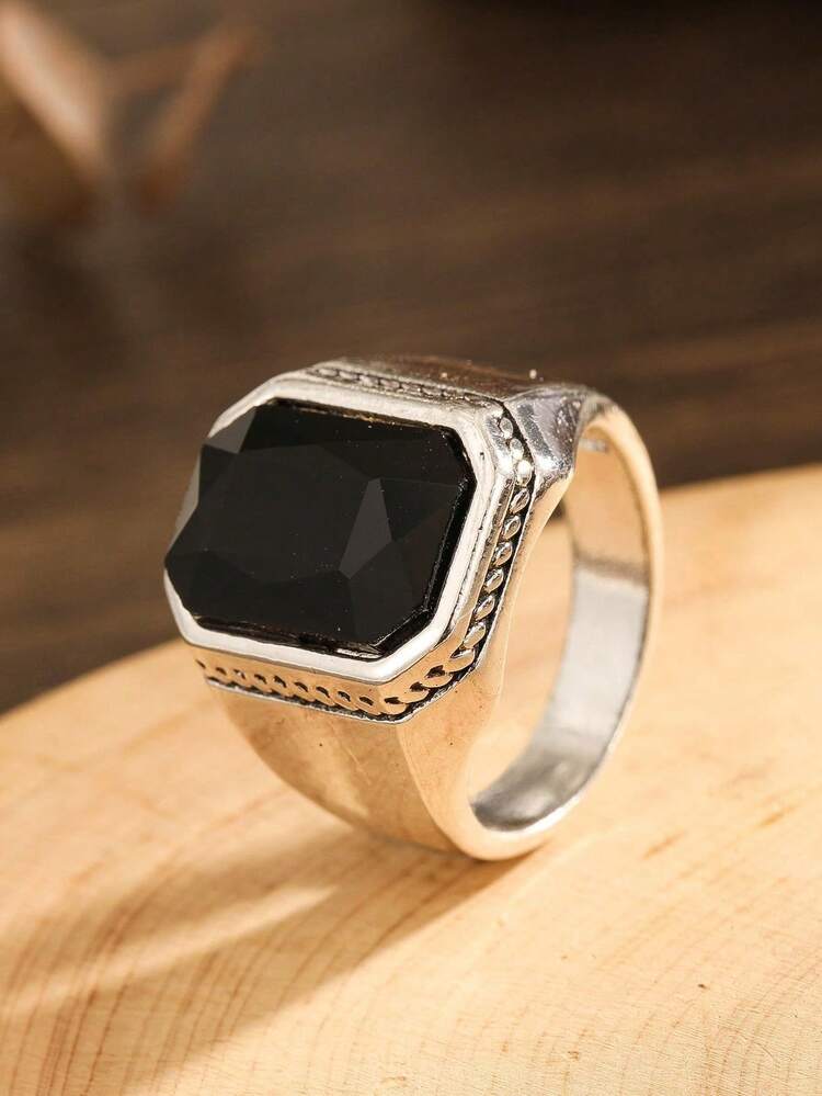 1pc Vintage Alloy & Resin Square Ring For Men, European And American Fashion