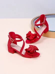 1 par de sandalias de tacón alto de verano para niñas, tacón grueso de punta puntiaguda, decoración de lazo de doble capa con strass, tacones altos de moda con tiras trenzadas rojas, adecuados para fiestas y reuniones - Rojo - Ver 3