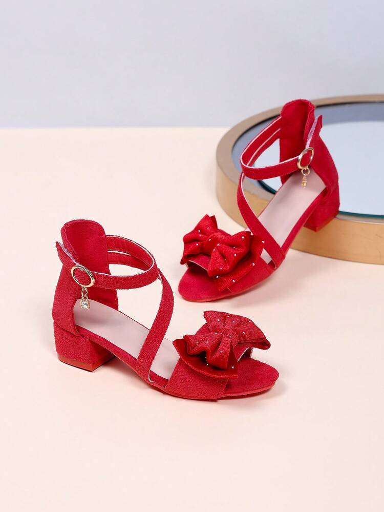 1 par de sandalias de tacón alto de verano para niñas, tacón grueso de punta puntiaguda, decoración de lazo de doble capa con strass, tacones altos de moda con tiras trenzadas rojas, adecuados para fiestas y reuniones - Rojo - Añade 3