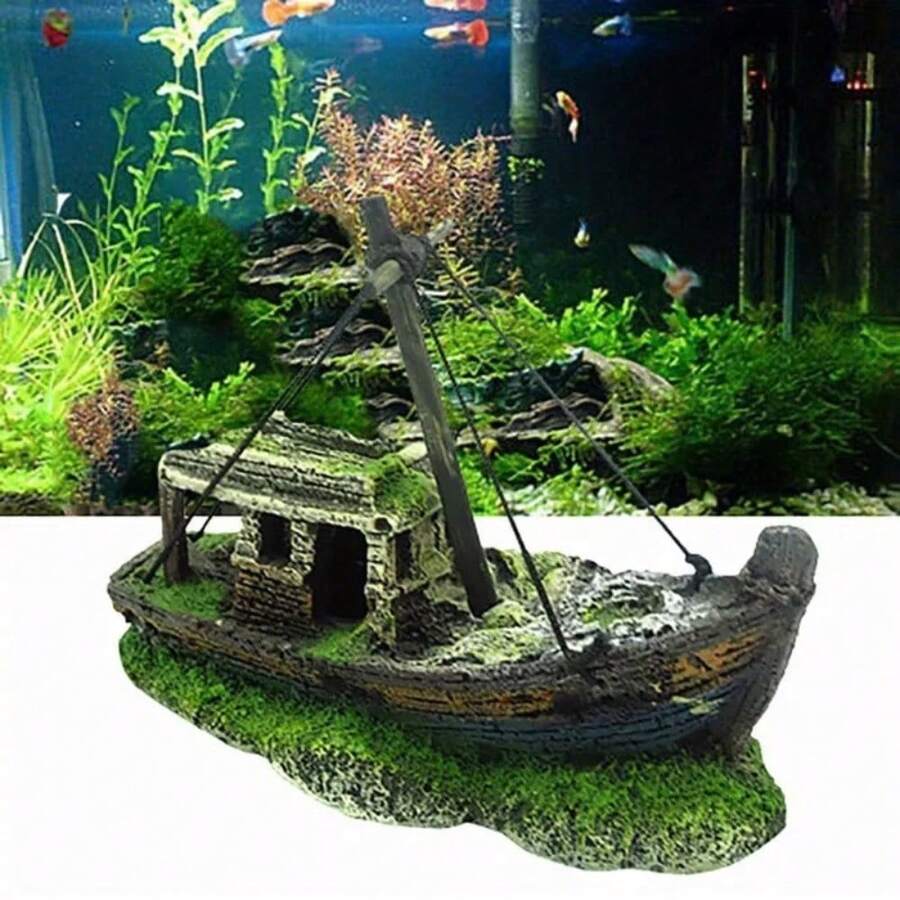 1個樹脂海盜船殘骸水族箱景觀裝飾，水族箱飾品，魚缸裝飾