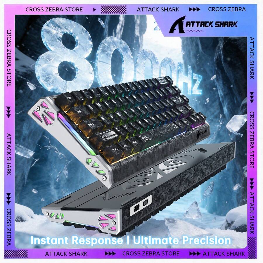 ATTACK SHARK R68HE 60% 有线快速触发 8K RGB 机械游戏键盘，0.005mm 精度，0.08ms 延迟，256K 轮询率，霍尔效应磁性开关，碳纤维 + CNC 铝合金材质，适用于 PC FPS 游戏，包含螺旋线缆，2026 年圣诞节和新年礼物，圣诞特别版 - 哑光黑/冰蓝/黑