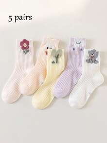 5 đôi tất lưới mỏng cho trẻ em, 2-16 tuổi, tất mùa xuân/hè mới cho bé gái, tất dài đến bắp chân hình động vật hoạt hình dễ thương, thích hợp cho bé mặc hàng ngày. - Nhiều màu - Xem 1