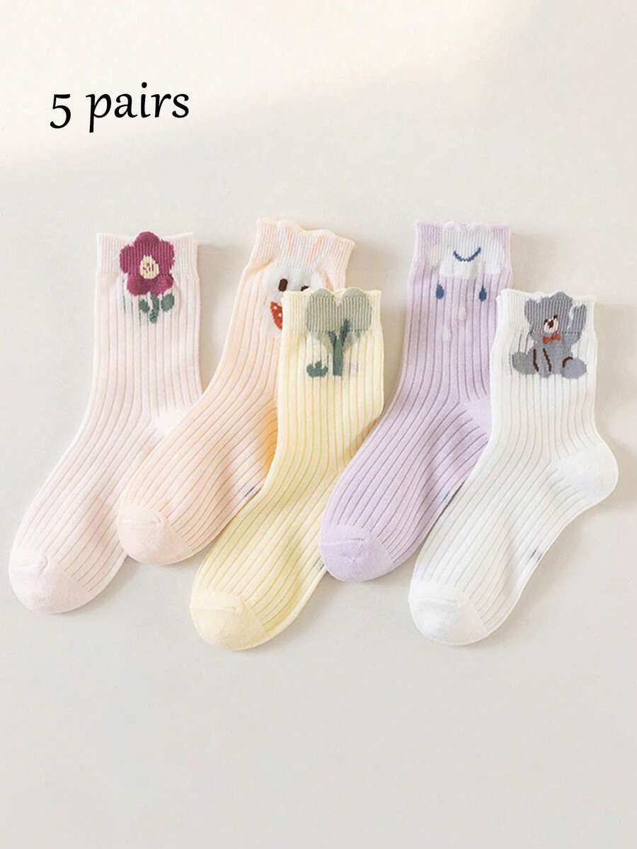 5 đôi tất lưới mỏng cho trẻ em, 2-16 tuổi, tất mùa xuân/hè mới cho bé gái, tất dài đến bắp chân hình động vật hoạt hình dễ thương, thích hợp cho bé mặc hàng ngày. - Nhiều màu - Xem 1