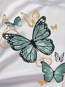 Girls Butterfly Print Short Sleeve Top And Bow Tie Long Pants Set - Green - View 4