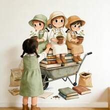 卡通园艺女孩墙贴，适用于女孩房和卧室、幼儿园墙面装饰、客厅背景，是墙面装饰和派对背景的理想之选。 - 彩色 - 查看 1