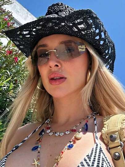 1 par de gafas de mujer con marco pequeño, asimétrico y poligonal de estilo vintage, con diseño geométrico sin marco, versátiles para viajes, vacaciones, uso diario y accesorios de playa