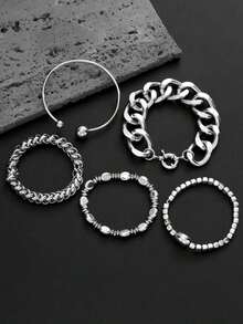 5pcs Vintage Exaggerated Minimalist Old Coin Design Layered Chunky Chain Beaded Bracelet Set, Suitable For Date, Party, Ball, Holiday, Daily Outfit, Party/Festival Gift For Women - 銀 6 - 查看 6