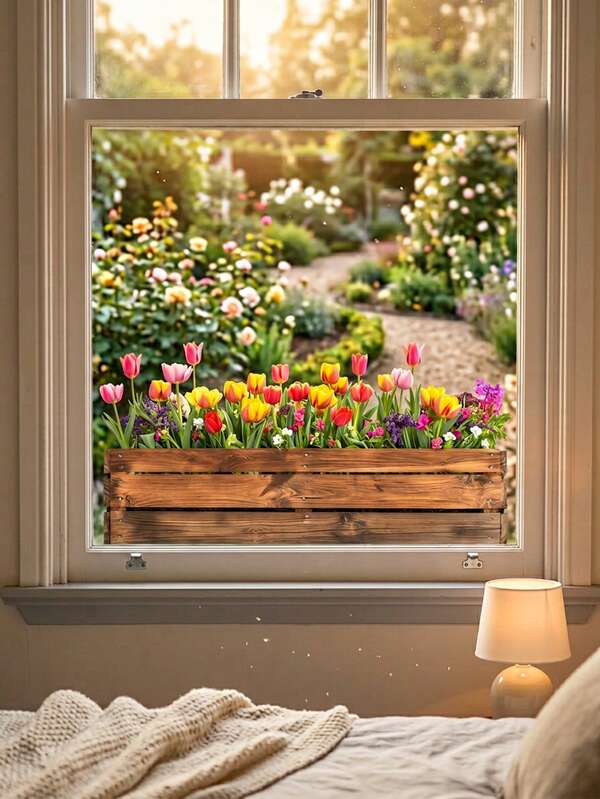 1 pezzo - Adesivi per finestre a forma di tulipano primaverili/estivi, decalcomanie per finte fioriere da finestra 3D, adesivi in vinile rimovibili e riutilizzabili, impermeabili, per vetri di finestre, decorazione per la casa in primavera/estate e festa della mamma