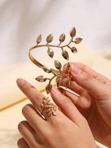 Bộ 1 vòng tay + 1 nhẫn, vòng tay vàng họa tiết lá phong cách punk cổ điển và nhẫn quấn điều chỉnh được, trang sức tối giản phù hợp cho đi làm, đám cưới, kỳ nghỉ, quà sinh nhật lý tưởng cho phụ nữ. - Vàng - Xem 4
