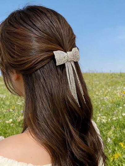 Girls Party Wedding Hair Accessories Elegant Rhinestone Bow Tassel Hair Clips Sparkly Barrettes Gift