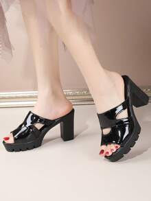 Giày sandal cao gót màu đen trơn thời trang mùa hè cho nữ, dép lê casual ngoài trời, giày Sweet Mother. - màu đen - Xem 6