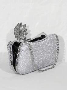 银色亮片水晶花朵手拿包 – 晚宴链条单肩包 - 銀色 - 查看 7