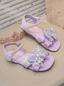 Sandalias de princesa para niñas, nuevas sandalias de verano con lazo de sirena y strass, sandalias de playa con suela blanda y antideslizante para niños - Morado - Ver 3