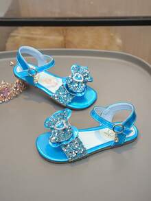 Girls' Princess Sandals, New Summer Blue Rhinestone Bow Soft Bottom Non-Slip Children Sandals - Blue - View 2