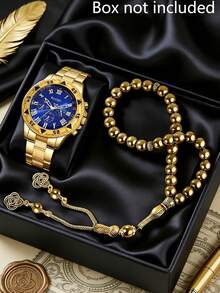 Bộ 2 món đồng hồ nam cao cấp, nhẹ, bao gồm đồng hồ mặt xanh cổ điển, vòng tay bện và dây chuyền dài đính hạt. Thời trang đa năng, lý tưởng cho công việc, đi làm, các buổi họp mặt Giáng sinh, các sự kiện năm mới, lễ tốt nghiệp, v.v. Có sẵn màu bạc và vàng. - Vàng - Xem 1