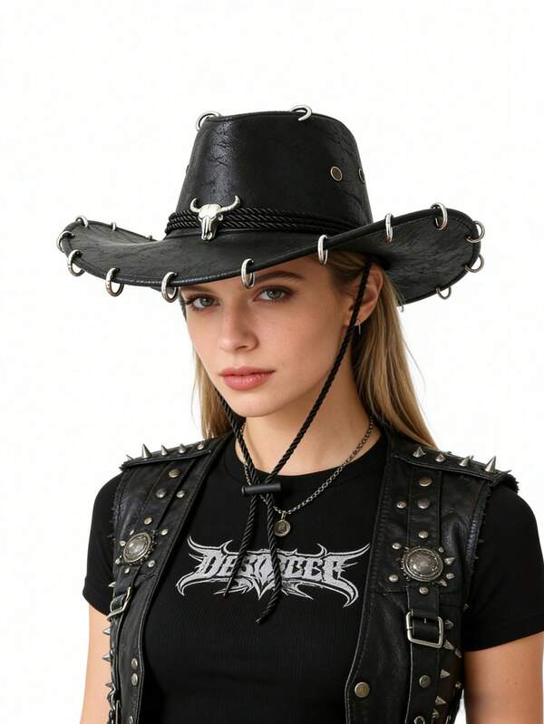 1PC Men's Women's Unisex Solid Color PU Leather Cowboy Hat, Unique 3D Metal Bull With Sun Protection Sunshade Hat, New Vintage Style Cyberpunk Personality Fashion Cool Novelty Punk Style Adjustable Rope Wide Brim Hat, Street Fashion Looks Street Style, Gift For Men, Suitable For Parties, Western Theme Events, Gatherings, Cosplay, Graduation Ceremonies, Masquerades, Festivals, Birthday Celebrations, Music Festivals, Travel, And Hiking Wear