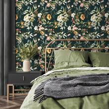 复古深色花卉壁纸 - 可撕贴，防水乙烯基材质，易于粘贴和移除，租房者友好型自粘壁纸，非常适合卧室、客厅、厨房装饰，卧室专用自粘壁纸 - 1pc - 查看 2