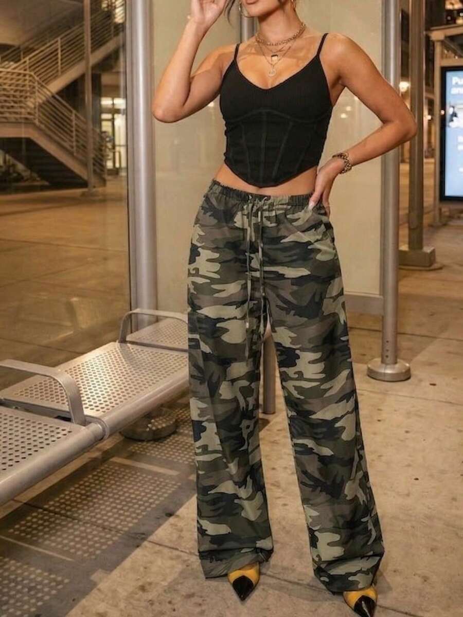 Women's Camouflage Cargo Pants With Pockets Wide Leg Drawstring Elastic Waist Trousers Streetwear - 軍綠色 - 查看 1