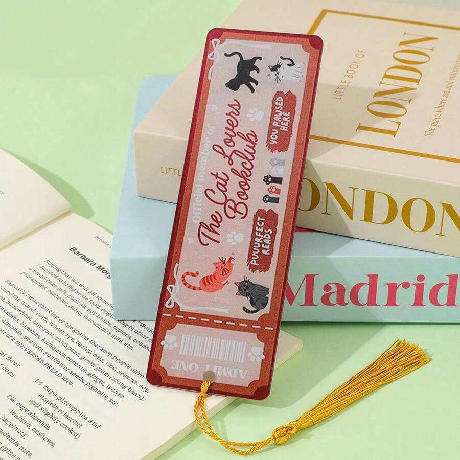 可爱猫咪爱好者读书俱乐部亚克力书签 - 复古票根设计，配金色流苏，送给猫妈妈和书虫的完美礼物