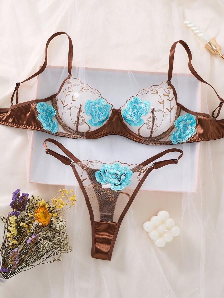 女士两件套蓝色花卉刺绣薄纱网眼钢圈文胸和丁字裤内衣套装 - 咖啡棕 - 查看 1