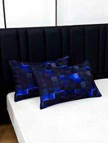 3pcs Cool Technology Digital Printing Material Plaid Fitted Sheet(1pc Fitted Sheet+2pcs Pillowcase No Filling) At Home,Dormitory,Suitable For All Seasons,Deep Pocket In 15 Inch,15%Bamboo Viscose,85%Polyester - Purple - View 4
