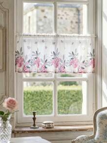 1pc Minimalist Floral Print Curtain, Farmhouse Style Coffee Shade, Short Partition Curtain, Window Door Decor - Multicolor - View 5