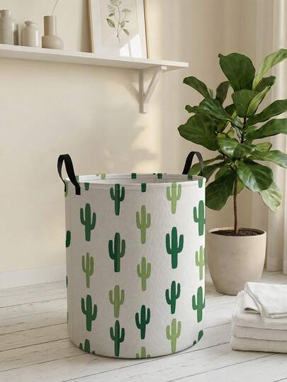 1pc Cartoon Flower Pattern Foldable Large Capacity Round Storage Basket With Handle, Multipurpose For Bathroom, Bedroom, Laundry, Toys, Household Items, Collapsible Dirty Clothes Hamper, Storage Bin