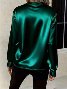 Solid Color Notched Collar Elegant Long Sleeve Office Shirt, Spring/Summer - Green - View 2