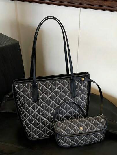 New Fashion Classic Multi-Functional Large Capacity Dual Handle Letter Graphic Decor Contrast Color Shoulder Handbag 2-In-1 Combo Bag, Women's Wallet, Elegant Business Commuter Bag, Suitable For Work Commute And Shopping