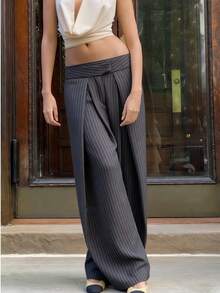 Pleated Striped Flared Pants, High-Waisted Slimming Draping Commuter Wide-Leg Trousers Spring - Grey - View 2