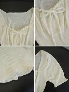 New Spring/Summer Sexy Ribbed Knit Crop Top With Drawstring, Square Neck, Fitted Silhouette - Apricot - View 9