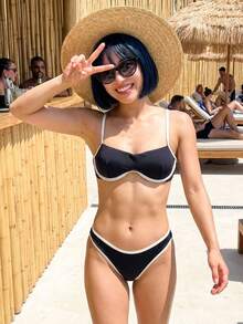 Women's Black Contrasting Underwire Bikini Set - Elegant High-Cut Bottom - Đen và trắng - Xem 1