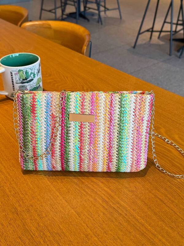 Sac à bandoulière mini multicolore en patchwork, sac à chaîne rayé arc-en-ciel tressé, sac bandoulière mode polyvalent, petit sac à main chic en paille avec fermeture éclair et doublure intérieure, convient pour le travail, les voyages, les vacances, les achats