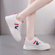 Tenis de mujer casuales con plataforma de suela gruesa para aumento de altura, zapatillas blancas mujer de cuero sintético PU con diseño retro de combinación de colores y cordones, zapatos para mujer calzado deportivo cómodo transpirable y antideslizante, tenis deportivos para mujer oferta ligeros y versátiles para uso diario de estilo casual y moda. - Rosa Fucsia - Ver 6