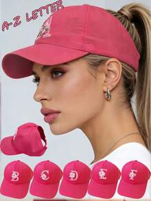 1pc Solid Color Open Back Ponytail Baseball Cap With 26 Letters, Women Fashion Sports Sun Hat For Outdoor UV Protection,Summer,Beach - Hot Pink - View 1