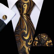 Bộ cà vạt nam màu đen và vàng họa tiết Jacquard - Bao gồm khăn cài túi áo, khuy măng sét và kẹp cà vạt vàng, cà vạt công sở cao cấp. - màu đen - Xem 3