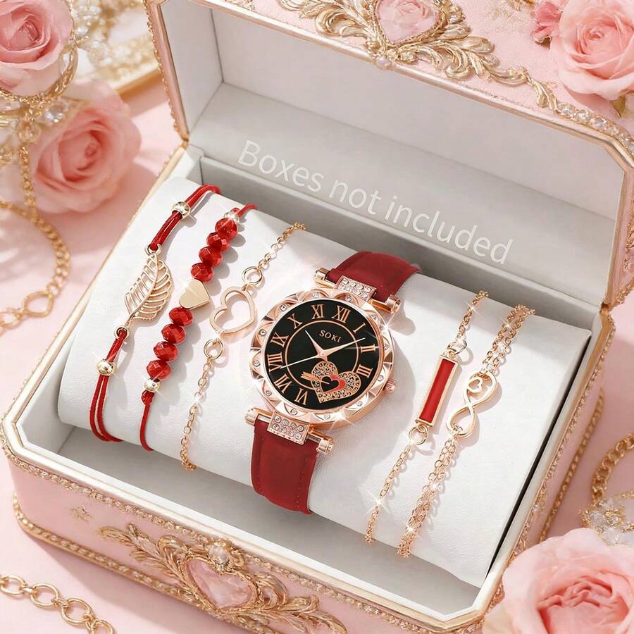 SOKI SOKI 一套时尚休闲石英表，心形罗马数字表盘搭配树叶图案表带，适合日常佩戴、生日礼物、返校礼物、感恩节礼物、情侣假期礼物，最佳礼品（不含礼盒） - 紅色 - 查看 1