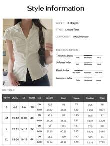女士Y2K学院风翻领褶裥修身短袖衬衫，白色休闲上衣，适合办公室、通勤、学生、夏季穿着 - 白色 - 查看 11