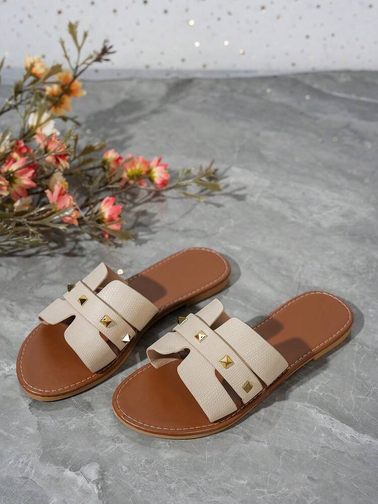 女士时尚铆钉平底宽楦凉鞋，米色百搭款 - 米色 - 查看 5