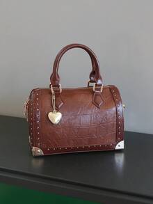 2025 New Fashionable High-End Women's Handbag, Large Capacity Boston Cushion Bag, Vintage Rivet Box Shoulder Bag, Versatile Personalized Street-Style Top Handle Satchel, Structured Box Bag - 彩色 - 查看 15