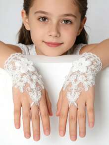 Lace Fingerless Gloves With Sequin Floral Decor, Suitable For Wedding Dress, Photo Shoot, Street Style - Multicolor - View 3