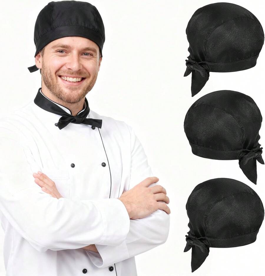 3 Pack Tie Back Chef Hats, Adjustable Chefs Hats Adults Chefs Bandana Skull Cap Breathable Cooking Hat Men Women - View 1
